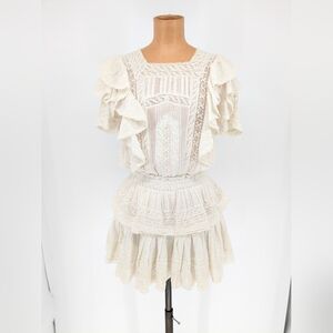 LoveShackFancy Stella Victorian White Lace Ruffle Mini Dress Women's Size XS